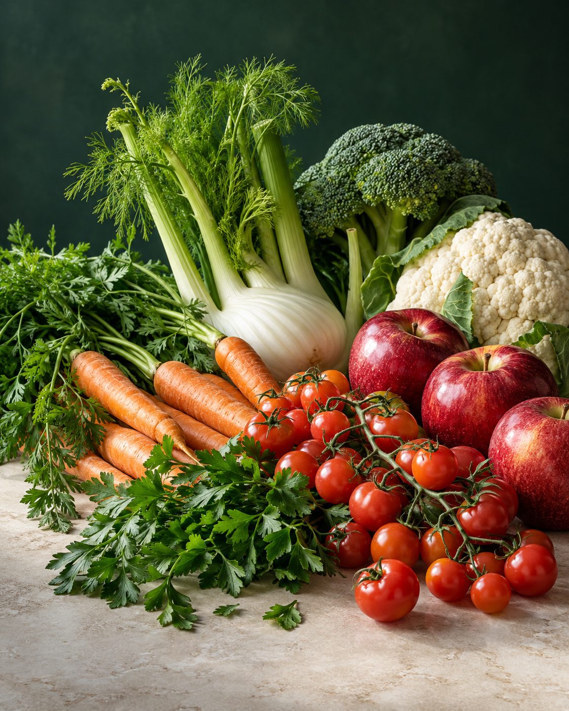Illustrative Auswahl aus Tomaten, Äpfeln, Fenchel, Karotten, Petersilie, Blumenkohl und Brokkoli